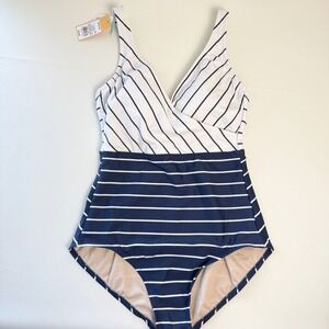 Kona Sol Striped One Piece Swimsuit Womens Medium Navy Blue White Stripe